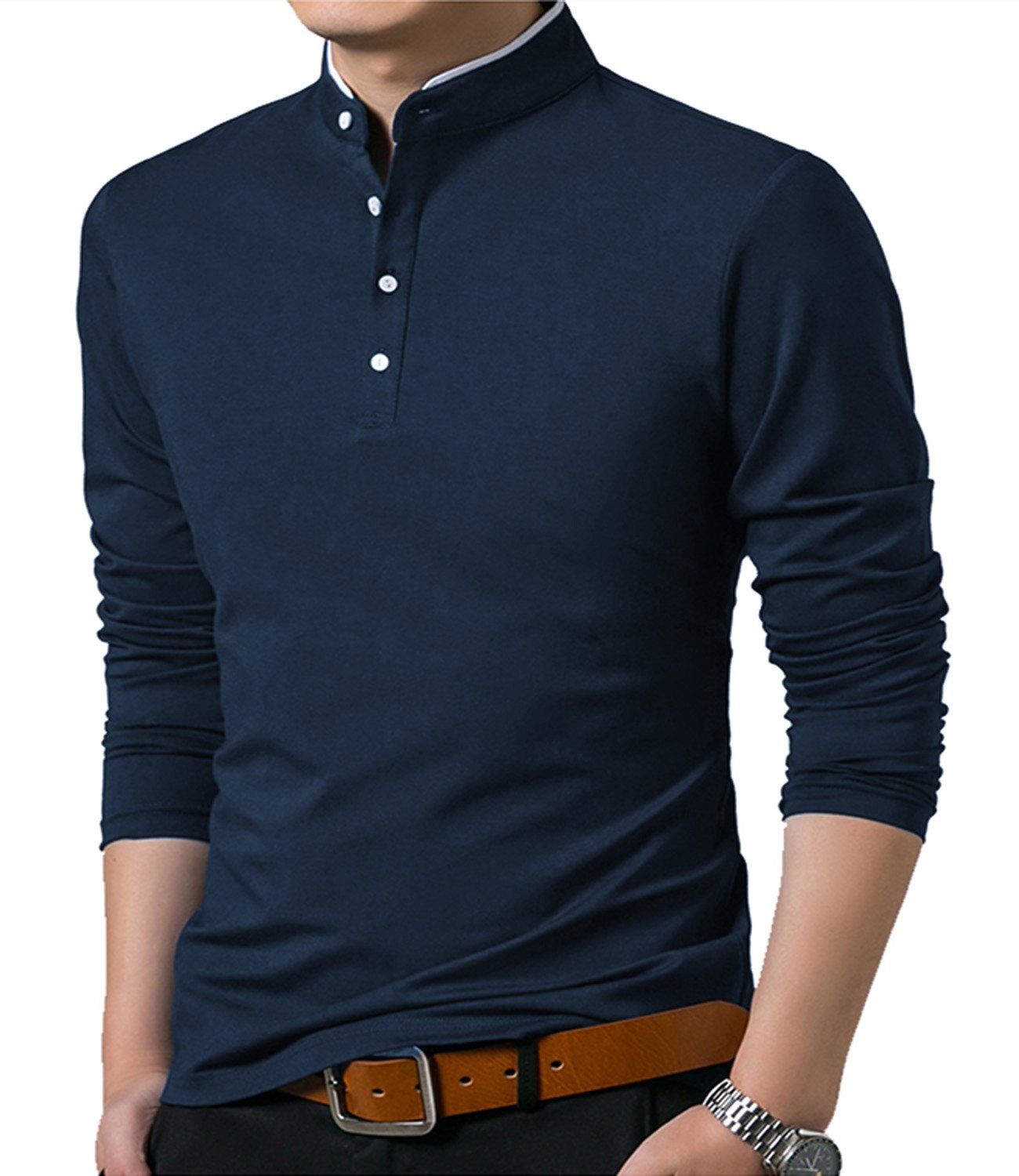 KUYIGO Men’s Casual Slim Fit Shirts Long Sleeve Polo Shirts Cotton Shirts Medium Navy