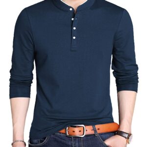 KUYIGO Men’s Casual Slim Fit Shirts Long Sleeve Polo Shirts Cotton Shirts Medium Navy