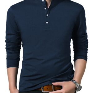 KUYIGO Men’s Casual Slim Fit Shirts Long Sleeve Polo Shirts Cotton Shirts Medium Navy