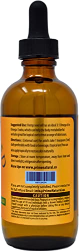 PRIME NATURAL Organic Hemp Seed Oil 4oz - USDA Certified - Sativa Oil - Pure, Cold Pressed, Virgin, Unrefined, Vegan, Food Grade - High Omega 3 6 9 Fatty Acids - Good for Face, Body, Skin & Hair Care