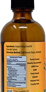 PRIME NATURAL Organic Hemp Seed Oil 4oz - USDA Certified - Sativa Oil - Pure, Cold Pressed, Virgin, Unrefined, Vegan, Food Grade - High Omega 3 6 9 Fatty Acids - Good for Face, Body, Skin & Hair Care