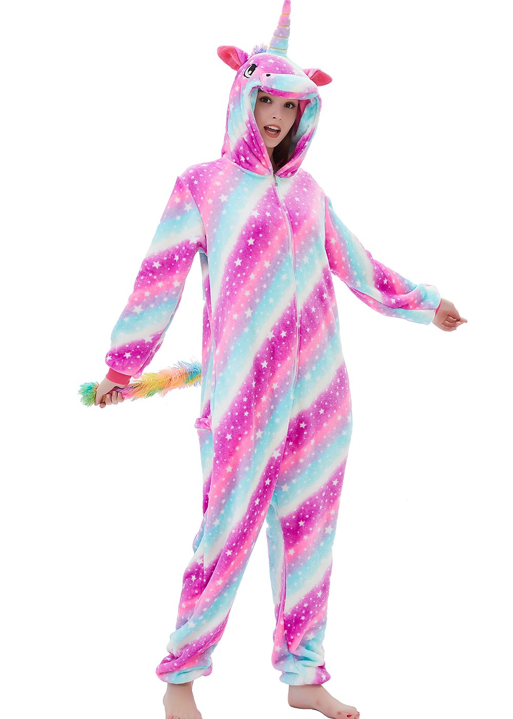 ABENCA Fleece Unicorn Onesie Adult Pajamas for Women Cartoon Animal Christmas Halloween Cosplay Onepiece Costume,Sky Unicorn, L