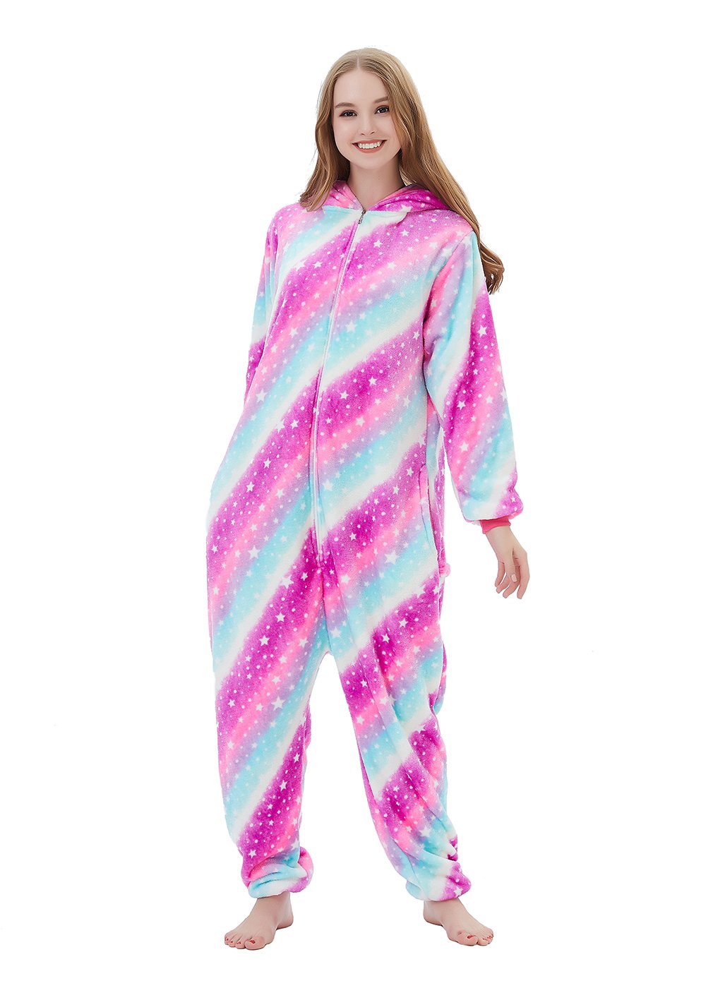 ABENCA Fleece Unicorn Onesie Adult Pajamas for Women Cartoon Animal Christmas Halloween Cosplay Onepiece Costume,Sky Unicorn, L