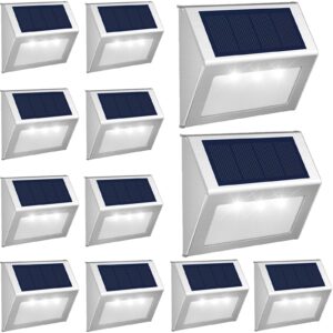 JSOT Outdoor Fence Lights,12 Pack Solar Powered Deck Lights Waterproof Stairs Light Stainless Steel Security Wall Lamps for Step Walkway Patio Garden Pathway - Cool White