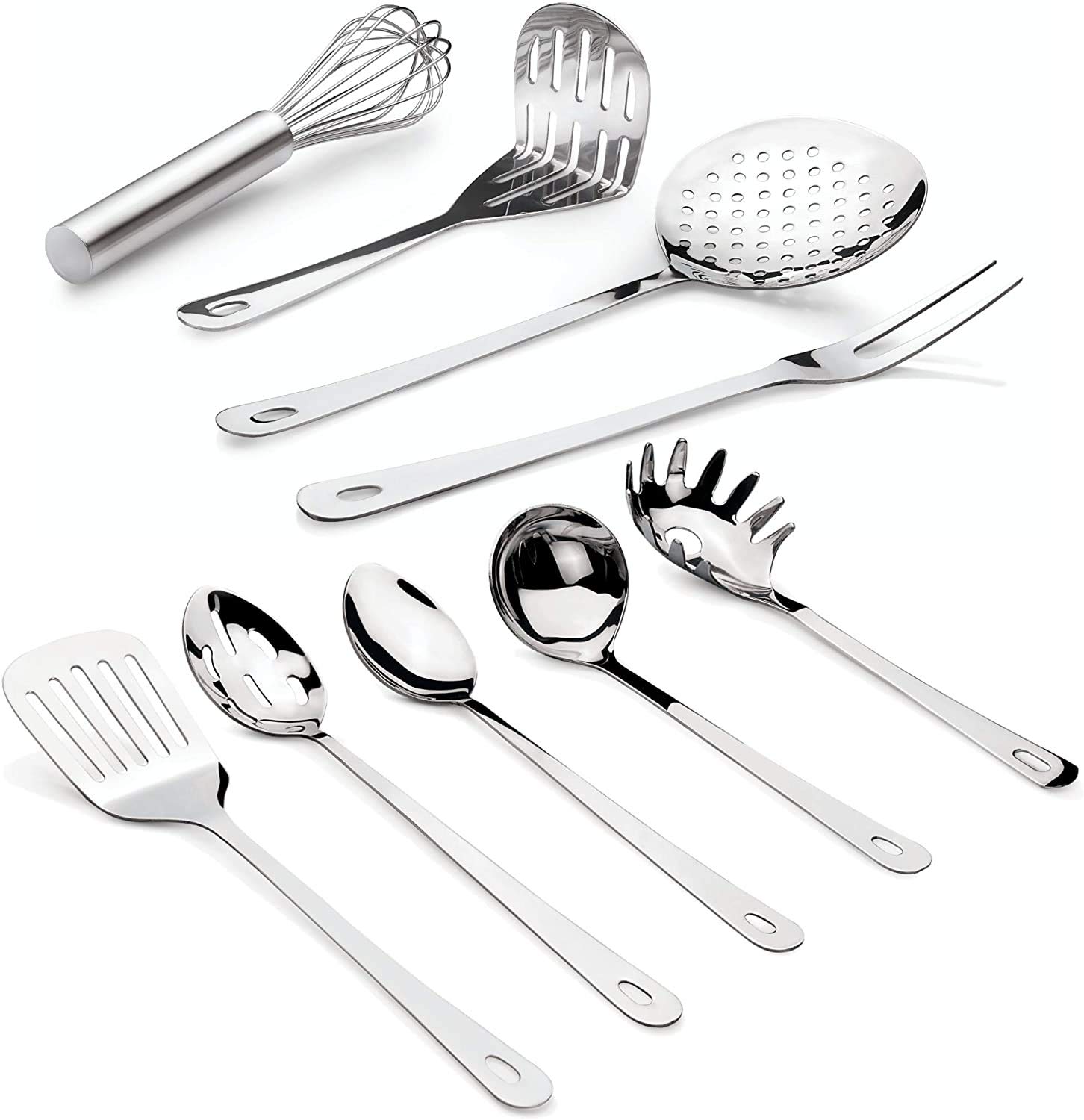 Premium 9 Piece Stainless Steel Cooking & Serving Set - Slotted Turner & Spoon, Solid Spoon, Large Fork, Ladle, Skimmer, Whisk, Potato Masher & Pasta Server - Heavy Gauge Durability - Mirror Finish