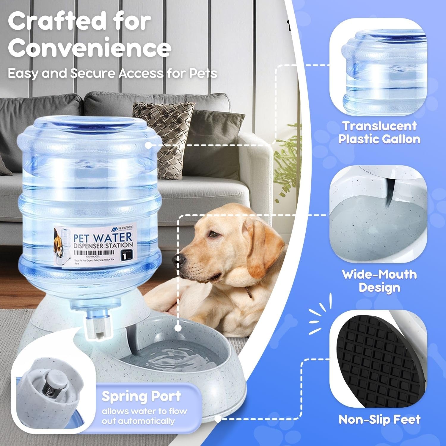 Flexzion Automatic Pet Feeder & Waterer Set of 2 Pack, Self Feeding Replenish Dog Cat Bowls, Gravity Food & Water Storage Container Fountain Jug Pet Supplies Plastic Skid Proof Rubber Feet (1 Gallon)