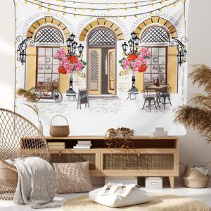 Lunarable Urban Tapestry King Size, European Coffee Shop at Paris Streets with Flowerbeds and Lanterns Romantic Print, Wall Hanging Bedspread Bed Cover Wall Decor, King Size, Multicolor