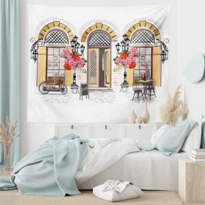 Lunarable Urban Tapestry King Size, European Coffee Shop at Paris Streets with Flowerbeds and Lanterns Romantic Print, Wall Hanging Bedspread Bed Cover Wall Decor, King Size, Multicolor