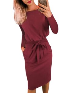 prettygarden women's fashion casual long sleeve belted party bodycon sheath pencil dress (wine red,x-large)