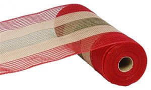 christmas deco poly jute mesh, natural brown, red, moss green cotton stripe, 10 inch x 30 feet