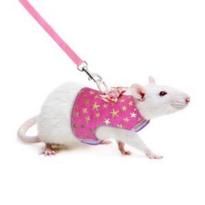 CheeseandU Small Pet Outdoor Walking Harness Vest and Leash Set with Cute Bowknot Decor Chest Strap Harness for Rat Ferret, Squirrel Hamster Clothes Accessory, Pink Star