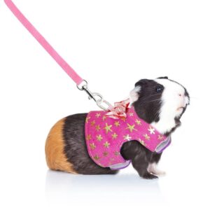 CheeseandU Small Pet Outdoor Walking Harness Vest and Leash Set with Cute Bowknot Decor Chest Strap Harness for Rat Ferret, Squirrel Hamster Clothes Accessory, Pink Star