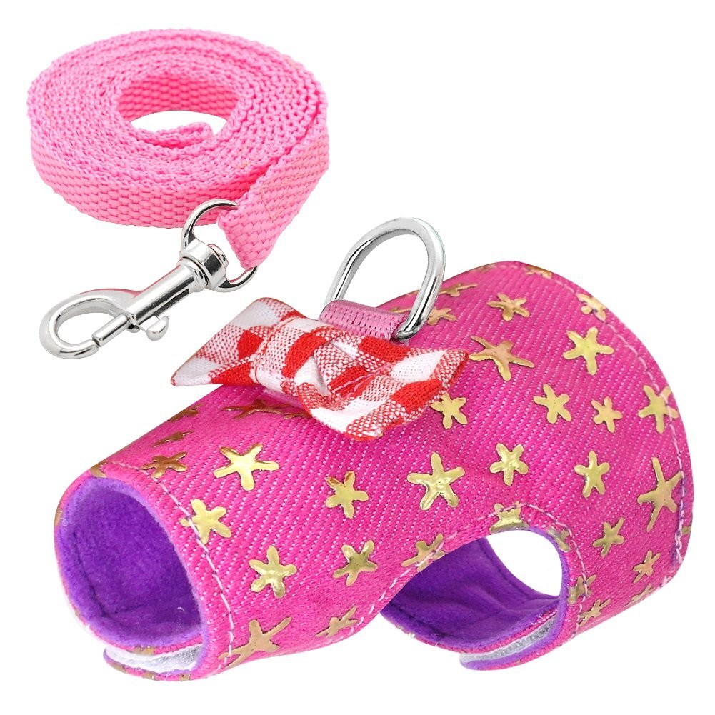 CheeseandU Small Pet Outdoor Walking Harness Vest and Leash Set with Cute Bowknot Decor Chest Strap Harness for Rat Ferret, Squirrel Hamster Clothes Accessory, Pink Star