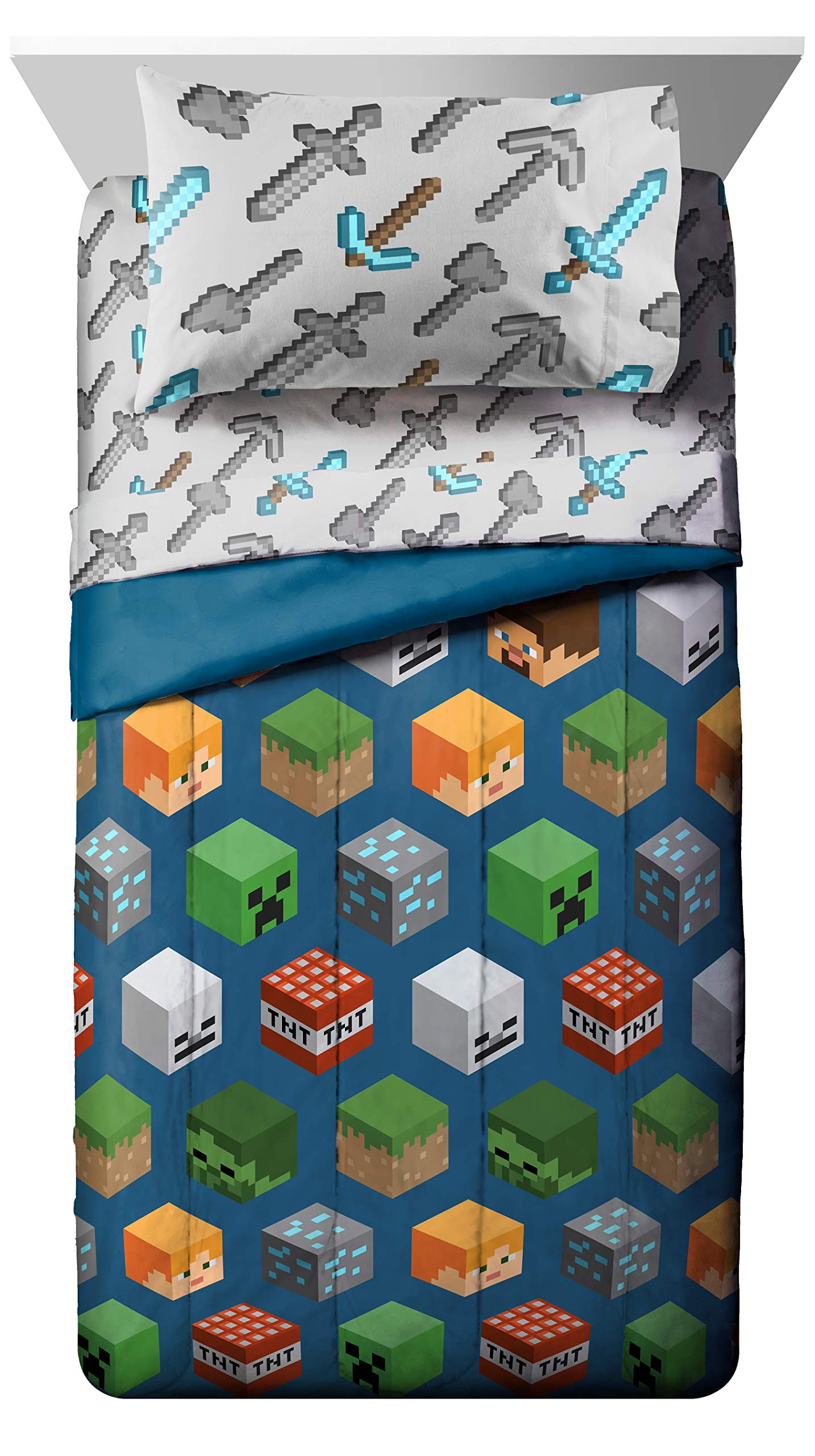 Jay Franco Minecraft Isometric 4 Piece Twin Bed Set - includes Comforter & Sheet Set - Bedding Features Creeper - Super Soft Fade Resistant Polyester - (Official Minecraft Product)