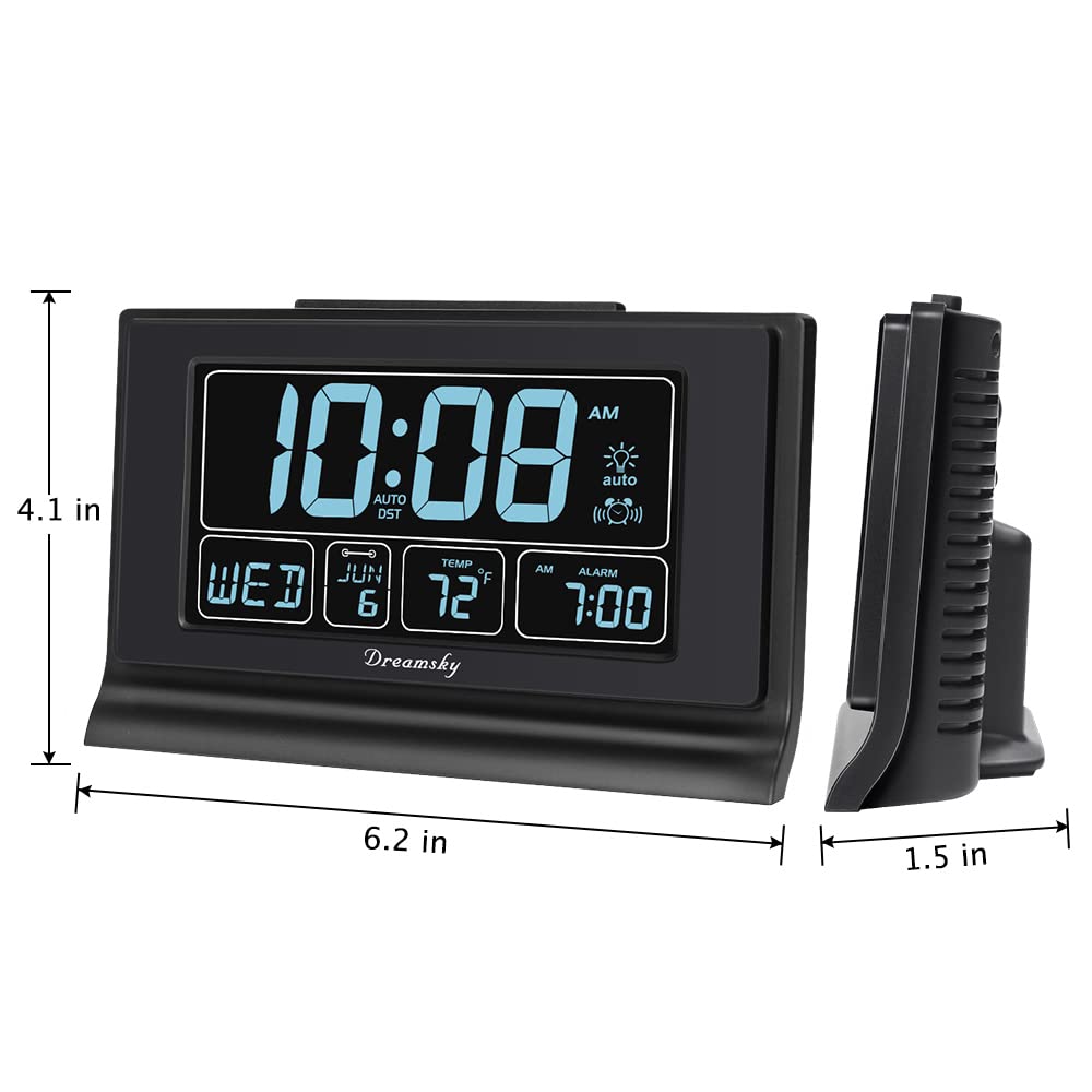 DreamSky Alarm Clocks for Bedrooms with Battery Backup, Auto Set Digital Clock with Date and Day of Week, Temperature, USB Port, Auto DST, Dimmer, 12/24H