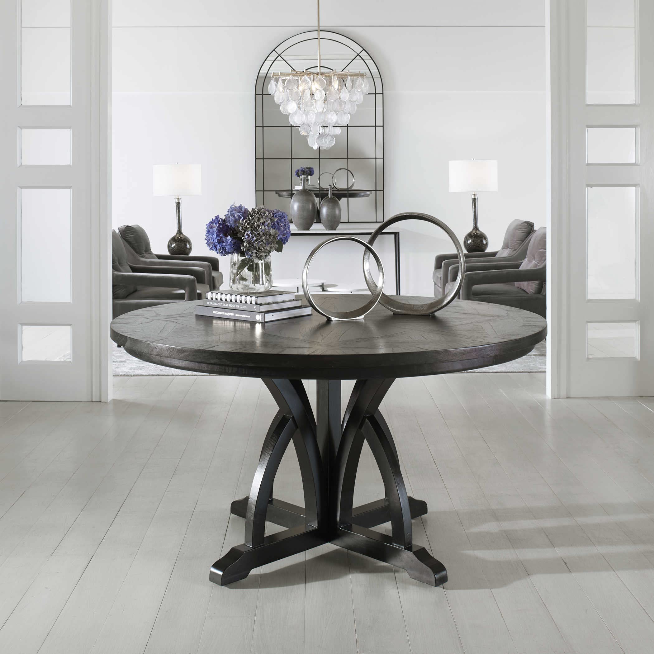 MY SWANKY HOME Elegant Black Wood Diamond Arch Round Dining Table | 4 6 Seat Entry Classic