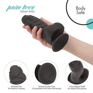 Pure Love 7 Inch Fantasy Silicone Dildo with Suction Cup, Ribbed & Studded, Black Color, Adult Sex Toy