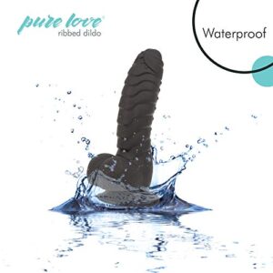 Pure Love 7 Inch Fantasy Silicone Dildo with Suction Cup, Ribbed & Studded, Black Color, Adult Sex Toy