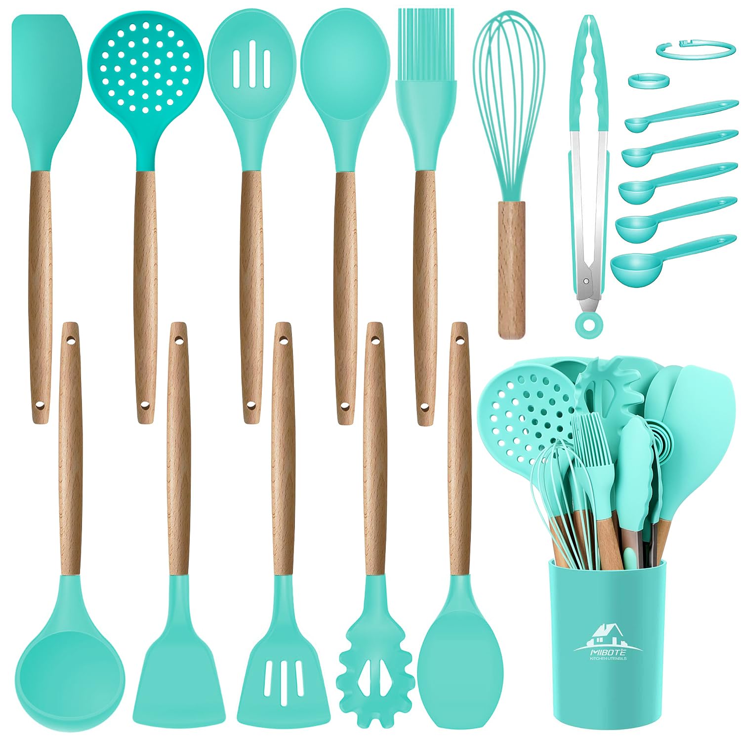 MIBOTE 17 Pcs Silicone Cooking Kitchen Utensils Set with Holder, Wooden Handles Cooking Tool BPA Free Turner Tongs Spatula Spoon Kitchen Gadgets Set for Nonstick Cookware (Teal)