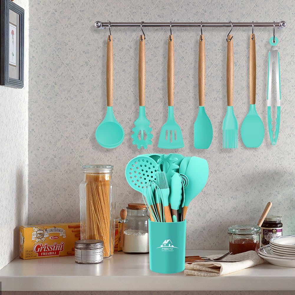 MIBOTE 17 Pcs Silicone Cooking Kitchen Utensils Set with Holder, Wooden Handles Cooking Tool BPA Free Turner Tongs Spatula Spoon Kitchen Gadgets Set for Nonstick Cookware (Teal)