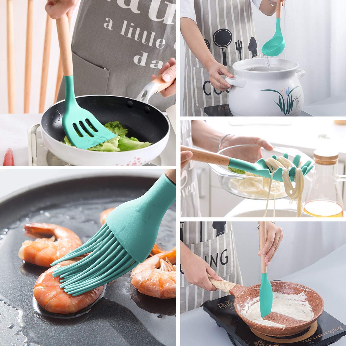 MIBOTE 17 Pcs Silicone Cooking Kitchen Utensils Set with Holder, Wooden Handles Cooking Tool BPA Free Turner Tongs Spatula Spoon Kitchen Gadgets Set for Nonstick Cookware (Teal)