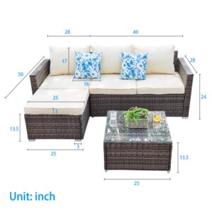 Suntone Patio Furniture Set All Weather Wicker Outdoor Sectional Patio Couch Rattan Patio Sectional with Table and Chairs, 3 Piece Patio Sofa Set, Beige