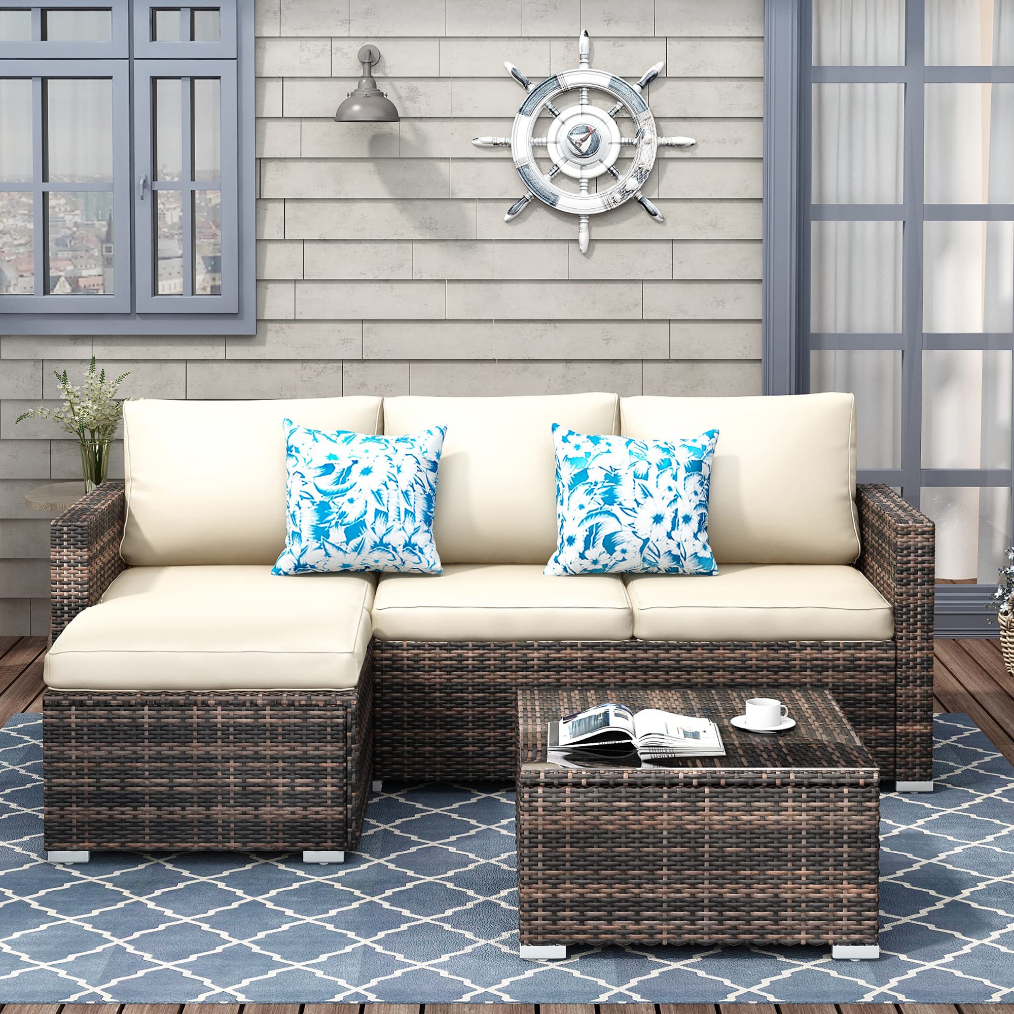 Suntone Patio Furniture Set All Weather Wicker Outdoor Sectional Patio Couch Rattan Patio Sectional with Table and Chairs, 3 Piece Patio Sofa Set, Beige