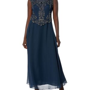 J Kara Women's Petite Cap Sleeve Beaded Top Long Dress, Navy/Mercury, 16P