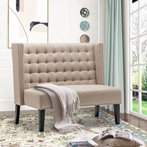 46" small modern loveseat settee sofa 2-seat sofa couch tufted love seat dining bench with nail head trim back banquette sofas for living room small space entryway hallway khaki