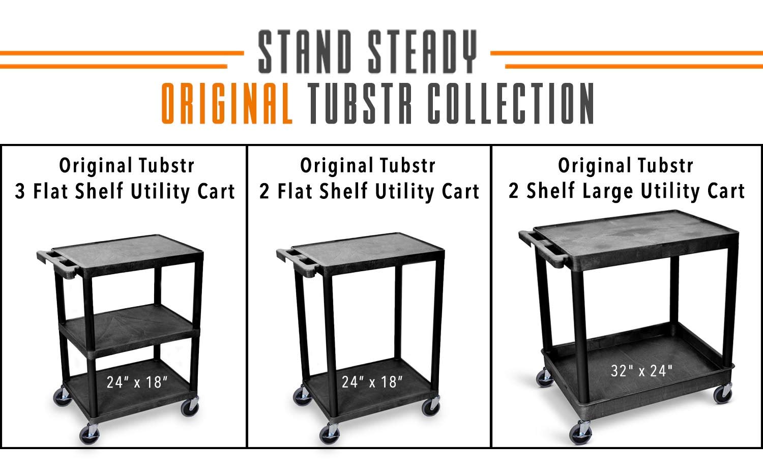 Stand Steady Tubstr 3 Flat Shelf Printer Cart, Compact and Heavy-Duty Utility Storage - Supports up to 300 lbs, Great for Home, Office, Warehouse, 28 x 18 in Tool Table, Moves Cargo Easily (Black)