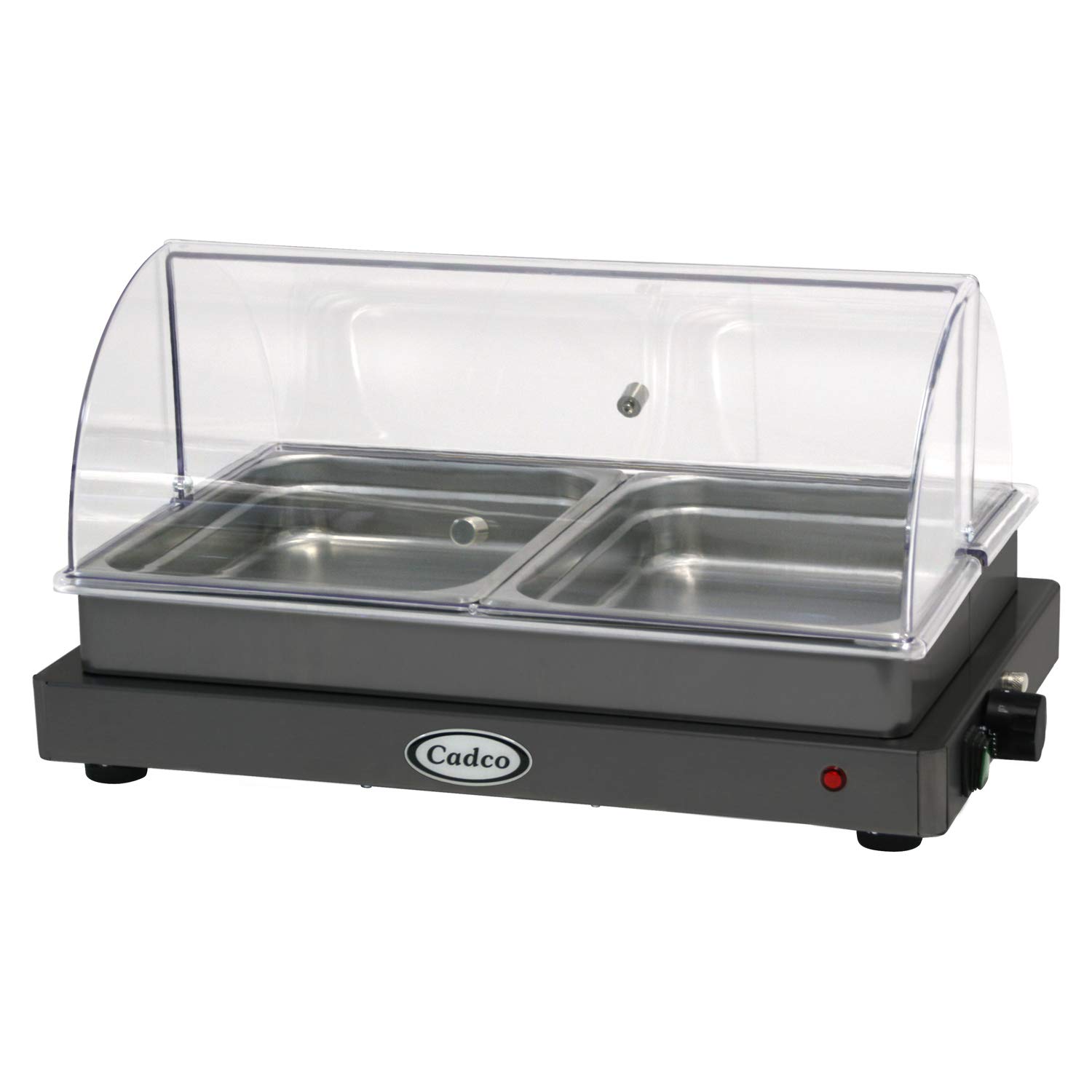 Cadco Double Buffet Server w/Rolltop Lid, Heavy Duty - 1 SS Pan Holder, 2 Half Size SS Pans, 1 Eastman TritanTM copolyester Rolltop Lid, Variable Heat Control, 300W