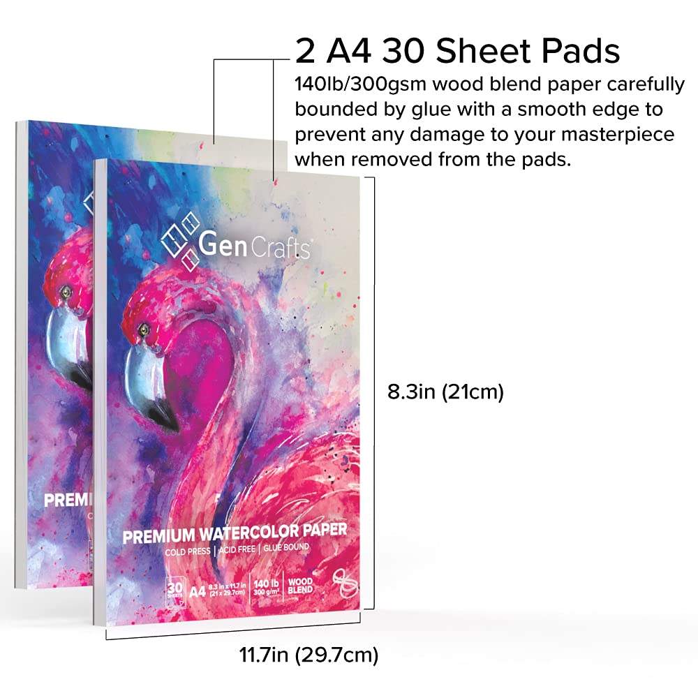 GenCrafts Watercolor Paper Pad 2 Pack - A4 8.3x11.7" - 60 Sheets Total (140lb/ 300gsm) - Cold Press Acid Free Art Sketchbook Pad for Painting & Drawing, Wet, Mixed Media