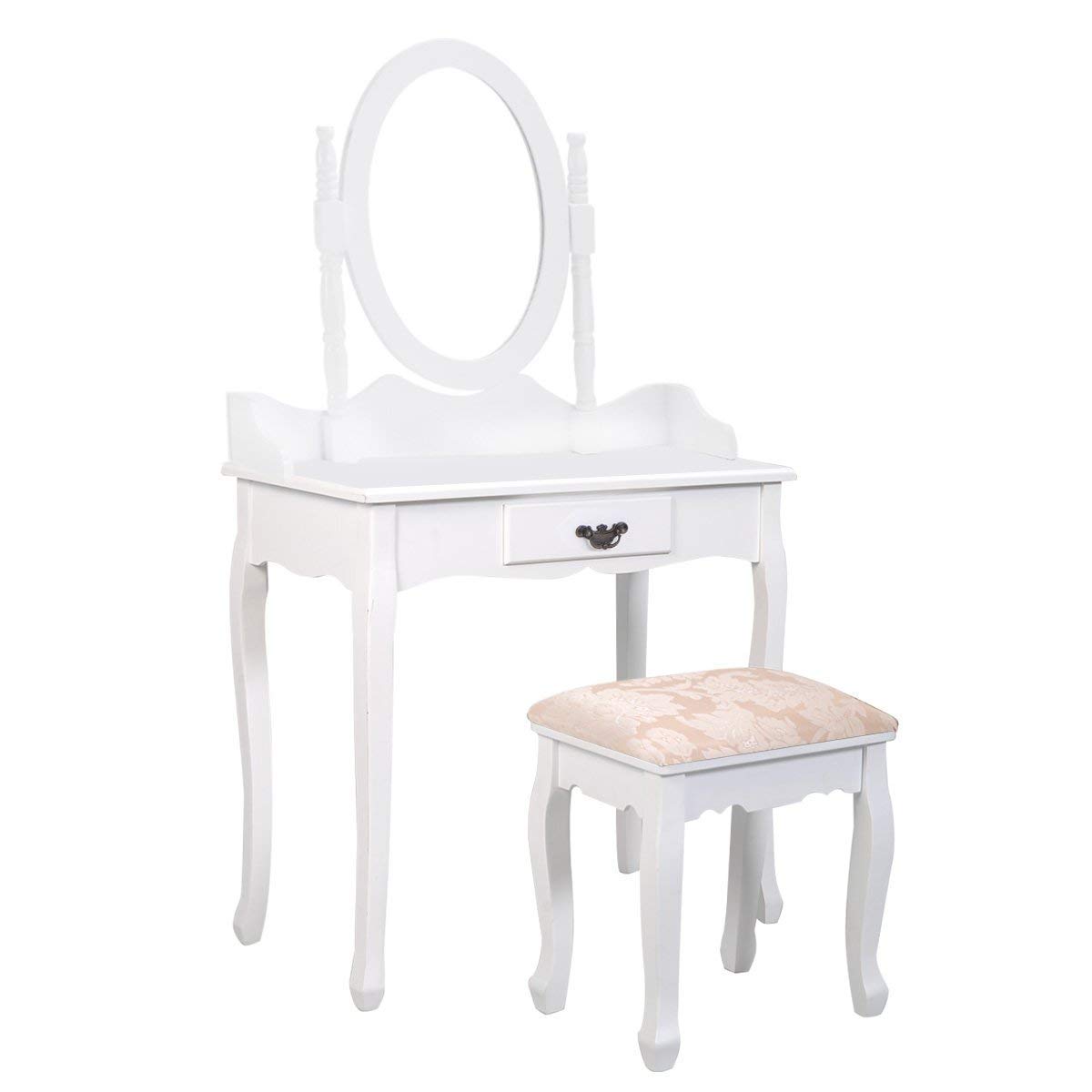 Giantex Girls Makeup Vanity Table with Mirror and Stool, Storage Drawer, Wood Legs, Rotating Mirror, Bedroom Makeup Dressing Table Vanity Desk Set (White)