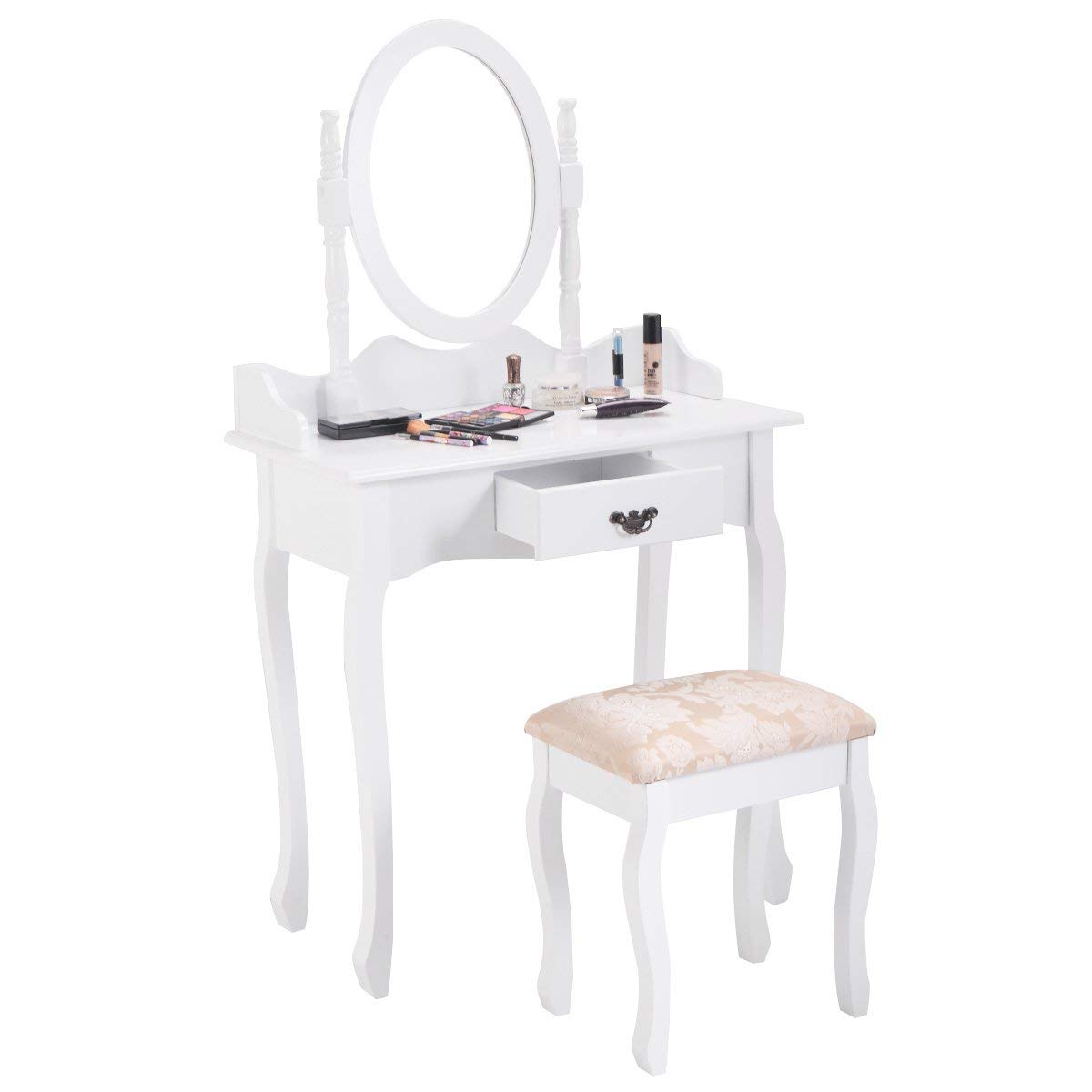 Giantex Girls Makeup Vanity Table with Mirror and Stool, Storage Drawer, Wood Legs, Rotating Mirror, Bedroom Makeup Dressing Table Vanity Desk Set (White)