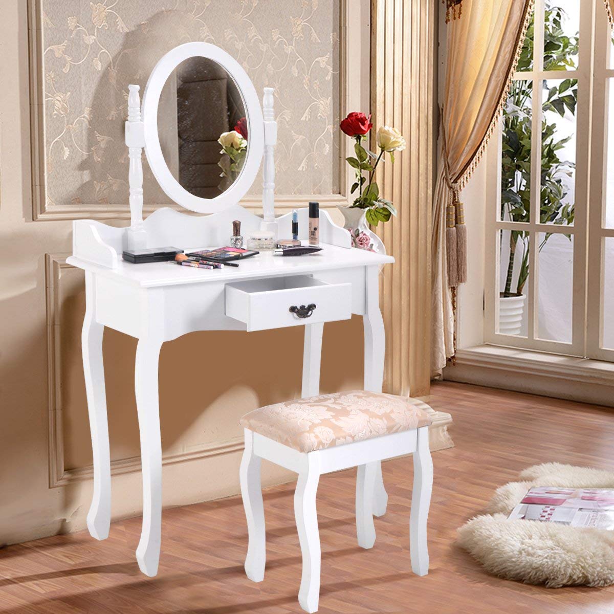 Giantex Girls Makeup Vanity Table with Mirror and Stool, Storage Drawer, Wood Legs, Rotating Mirror, Bedroom Makeup Dressing Table Vanity Desk Set (White)