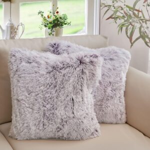 cheer collection throw pillows for couch with inserts included - soft shaggy long hair faux fur pillows - set of 2-18" x 18" - purple