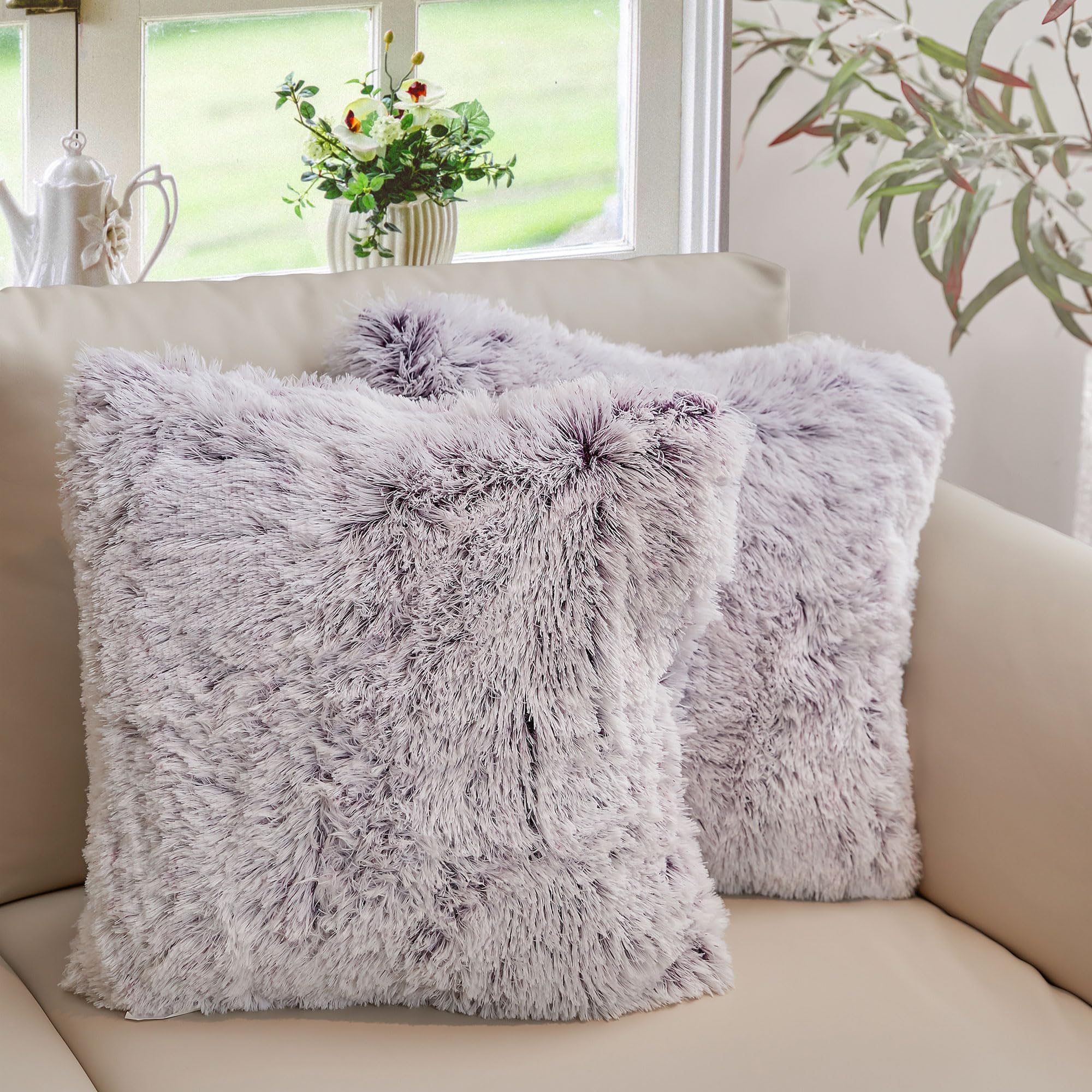 Cheer Collection Throw Pillows for Couch with Inserts Included - Soft Shaggy Long Hair Faux Fur Pillows - Set of 2-18" x 18" - Purple