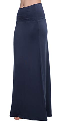 Urban CoCo Women's Stylish Spandex Comfy Fold-Over Flare Long Maxi Skirt (M, Navy Blue)