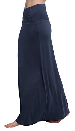 Urban CoCo Women's Stylish Spandex Comfy Fold-Over Flare Long Maxi Skirt (M, Navy Blue)