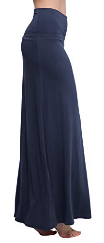 Urban CoCo Women's Stylish Spandex Comfy Fold-Over Flare Long Maxi Skirt (M, Navy Blue)