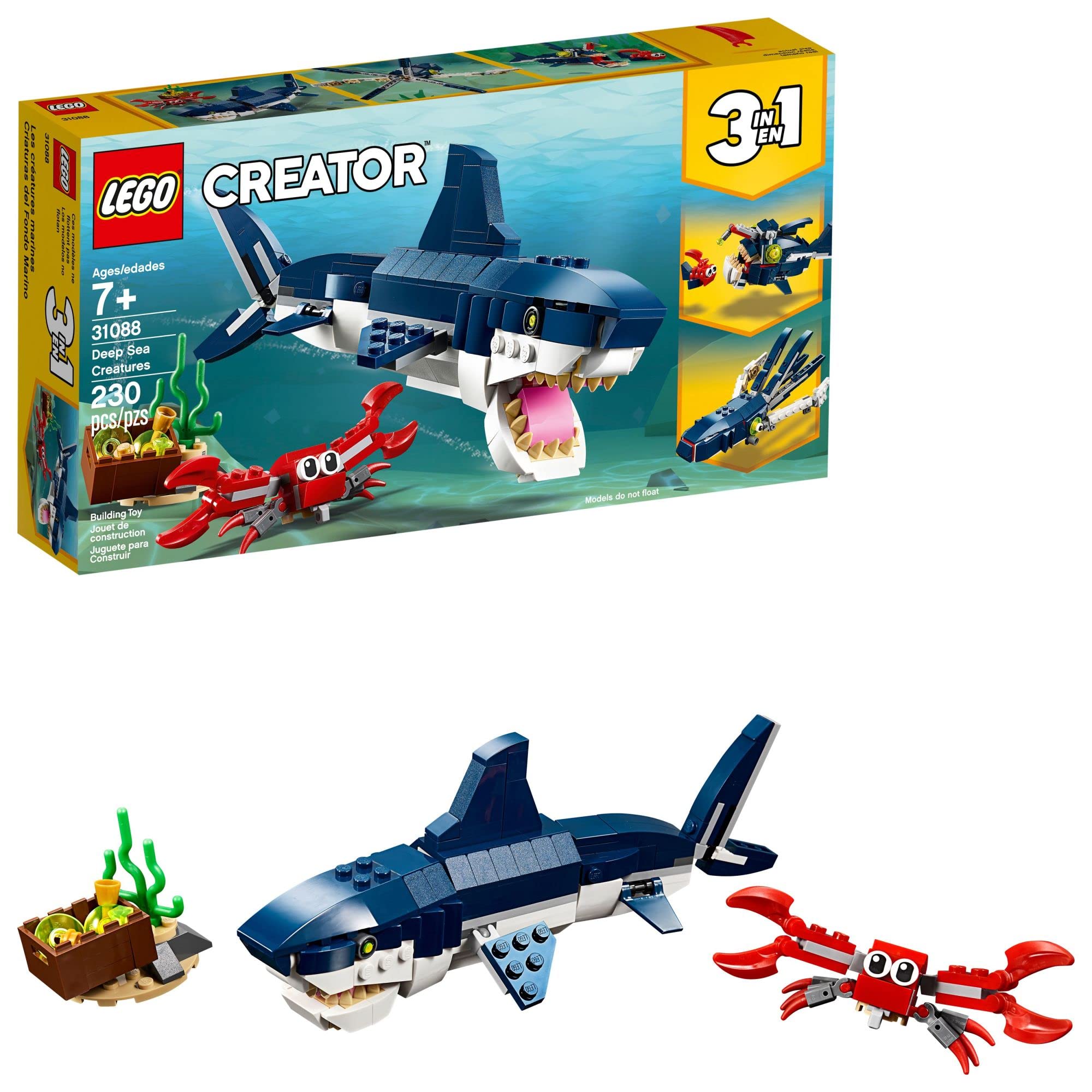 LEGO Creator 3 in 1 Deep Sea Creatures, Transforms from Shark and Crab to Squid to Angler Fish, Sea Animal Toys, Gifts for 7 Plus Year Old Girls and Boys, 31088