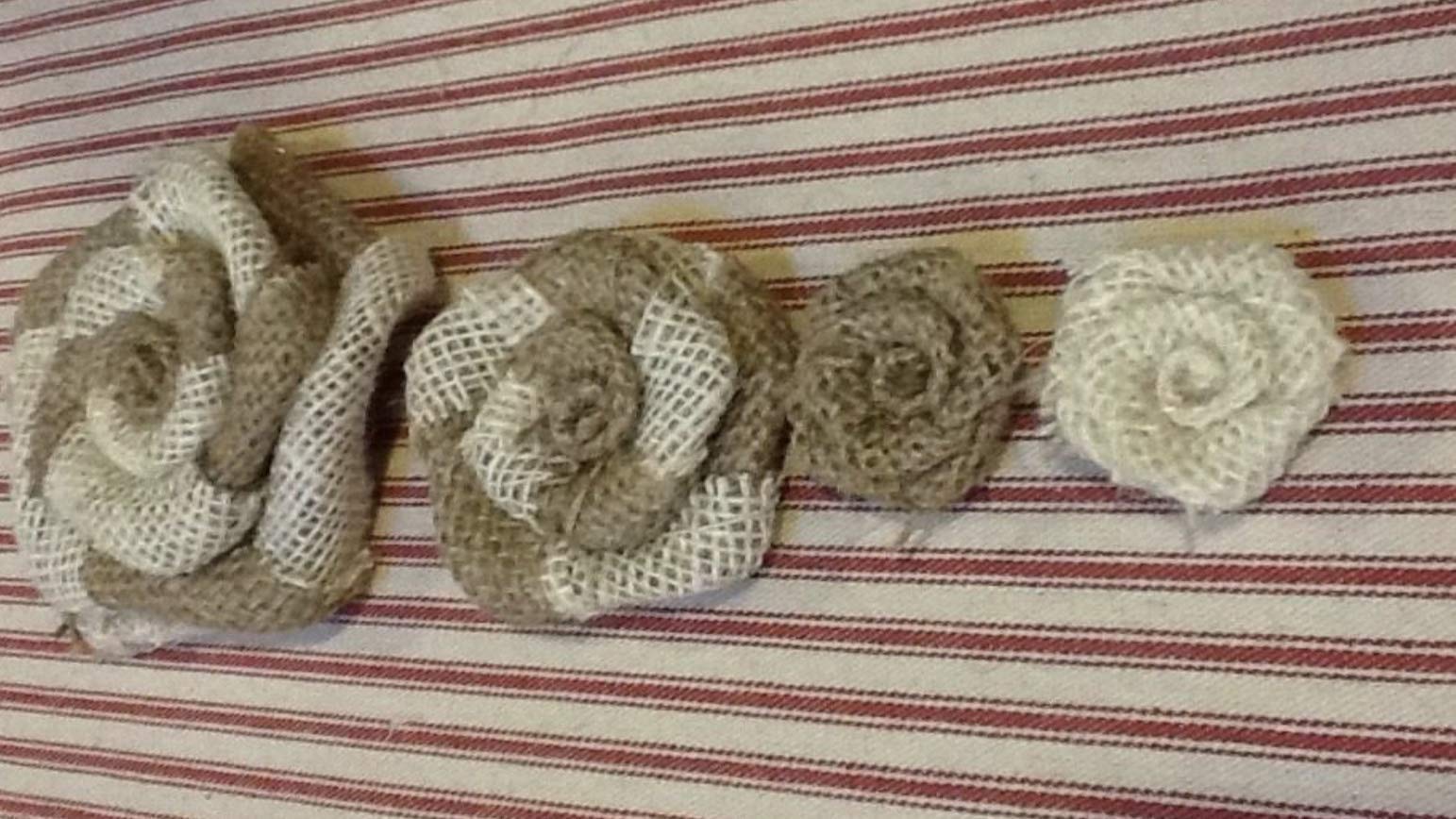 Set of Four Burlap Flowers Natural and Ivory 3" 2" 1" Wedding Cake Topper Wreath Centerpiece Rustic Decor Outdoor Table