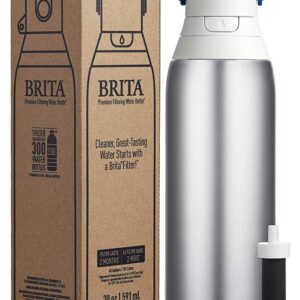 Brita Stainless Steel Premium Filtering Water Bottle, BPA-Free, Reusable, Insulated, Replaces 300 Plastic Water Bottles, Filter Lasts 2 Months or 40 Gallons, Includes 1 Filter, Stainless - 20 oz.