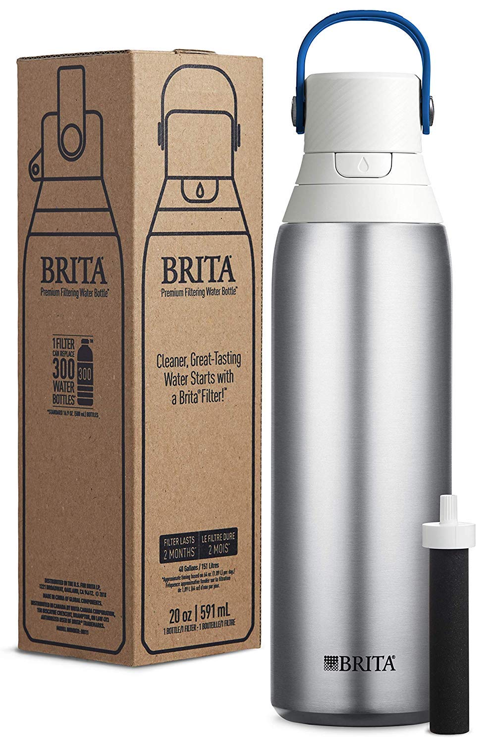 Brita Stainless Steel Premium Filtering Water Bottle, BPA-Free, Reusable, Insulated, Replaces 300 Plastic Water Bottles, Filter Lasts 2 Months or 40 Gallons, Includes 1 Filter, Stainless - 20 oz.