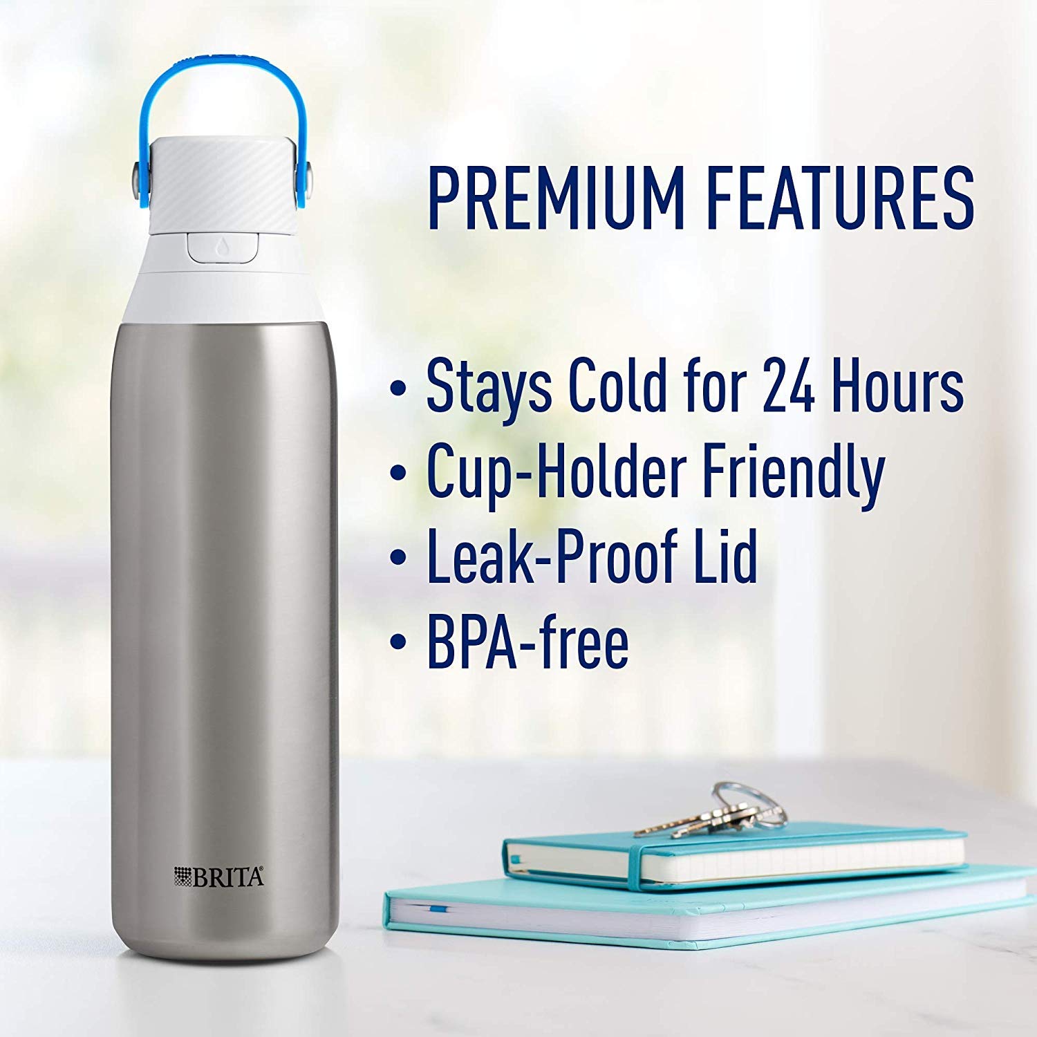 Brita Stainless Steel Premium Filtering Water Bottle, BPA-Free, Reusable, Insulated, Replaces 300 Plastic Water Bottles, Filter Lasts 2 Months or 40 Gallons, Includes 1 Filter, Stainless - 20 oz.