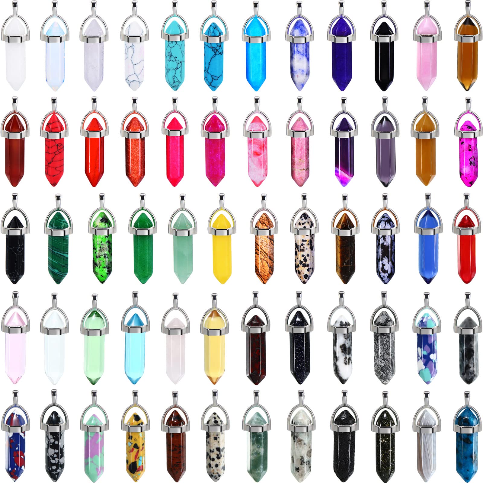 EBOOT 60 Pieces Hexagonal Chakra Pendant Bullet Crystal Pendant Gemstone Pointed Quartz Stone Pendants with Storage Bag (60 Colors)