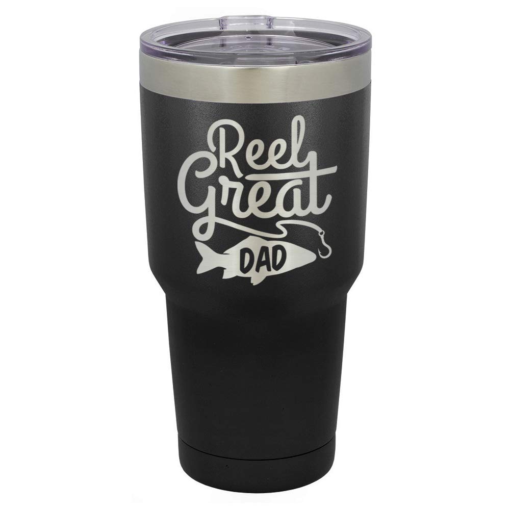 REEL GREAT DAD Black 30 oz Tumbler With Straw and Slide Top Lid | Stainless Steel Travel Mug | Compare To Yeti Rambler