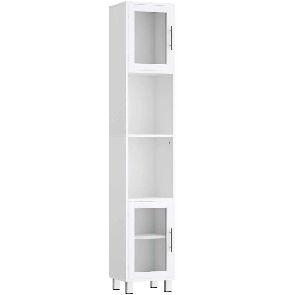 Tangkula Tall Bathroom Cabinet, Home Living Room Wood Storage Cabinet Free Standing w/ 4 Shelves and 2 Glass-Paneled Doors Suitable Tall Bathroom Cabinet