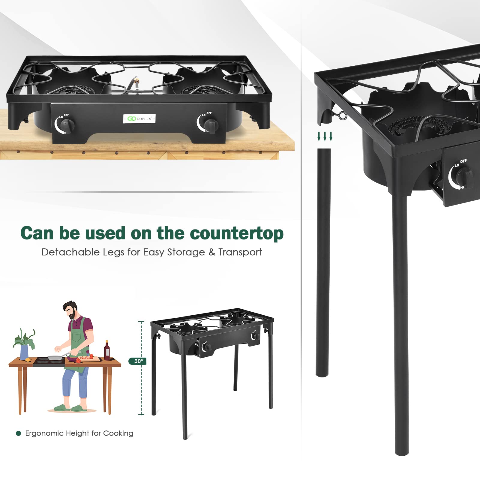 Goplus Outdoor Camping Stove, Dual Burner Propane Gas Cooker w/Detachable Legs & 0-20 PSI Regulator & CSA Approval for Camp Paito RV, Cast Iron, 150,000-BTU