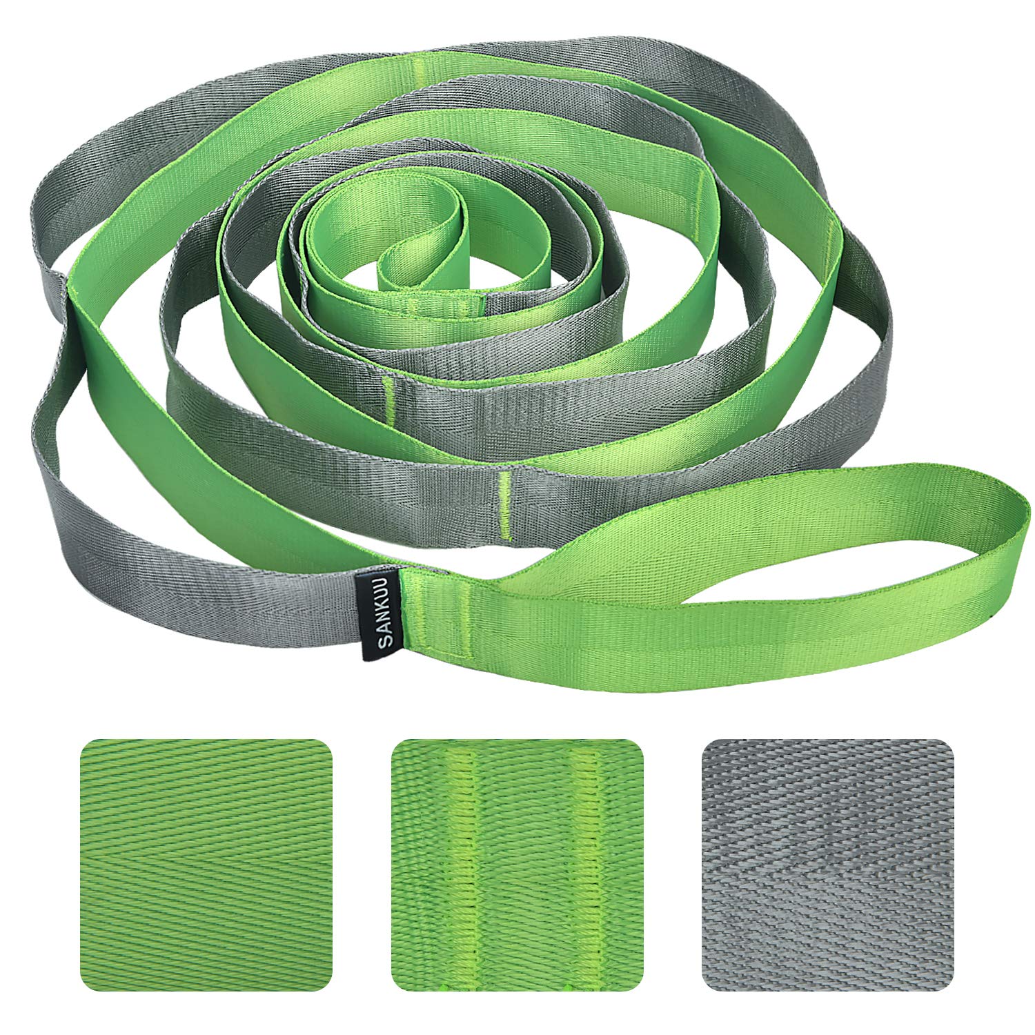 SANKUU Yoga Straps Stretching Strap with 12 Loops Workout Poster, Straps for Stretching Physical Therapy Equipment Long Stretch Out Bands for Exercise, Pilates and Gymnastics for Women Men (Green)